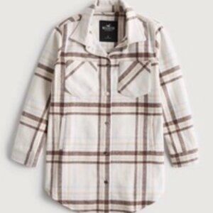 Hollister Long Length Shirt Jacket - Cream Plaid - Small (W)